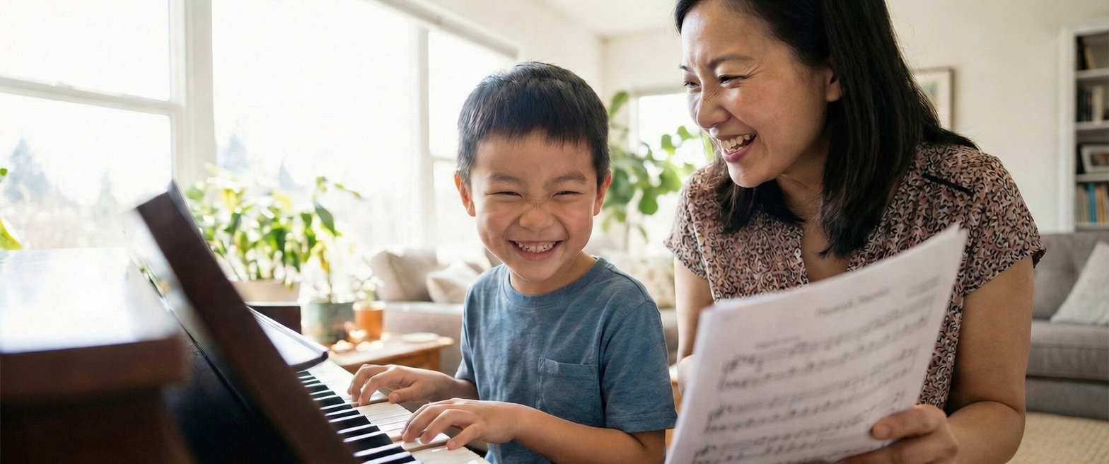 Child smiling during an in-home piano lesson in East Cobb — learning music in a comfortable, familiar setting