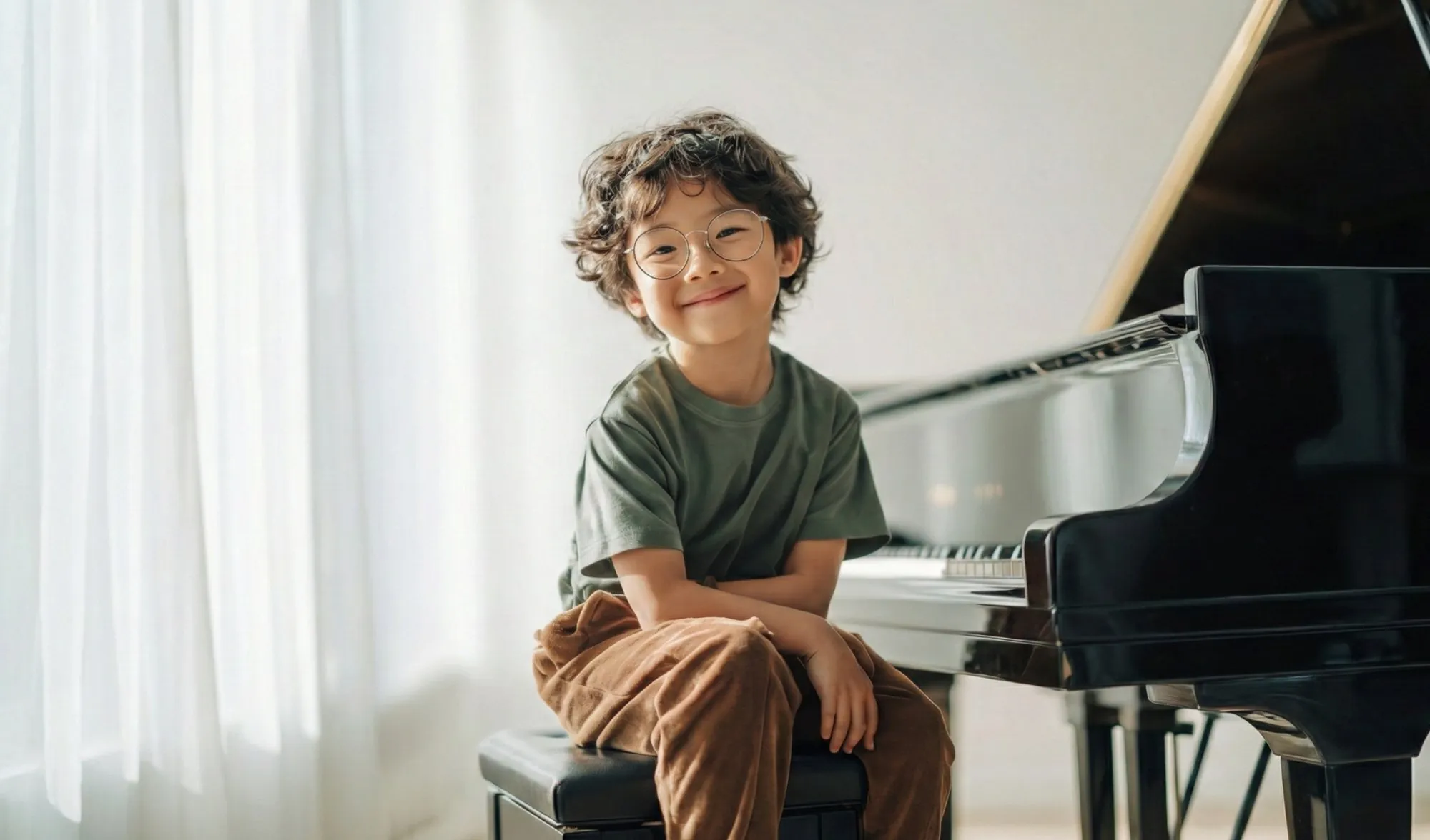 Young boy smiling at the piano during a private in-home lesson in Roswell, GA