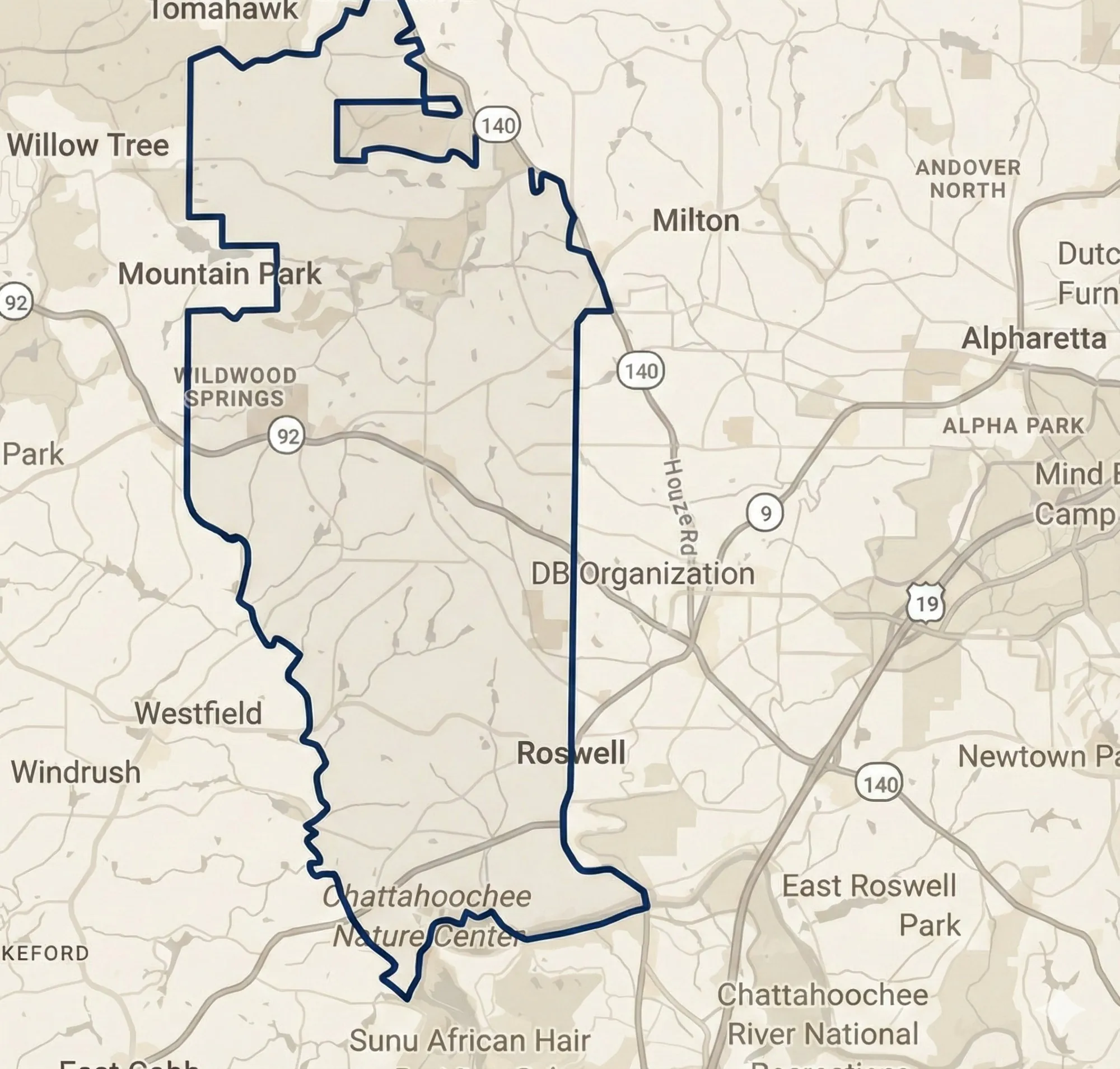 Map showing Roswell, GA piano lesson service area