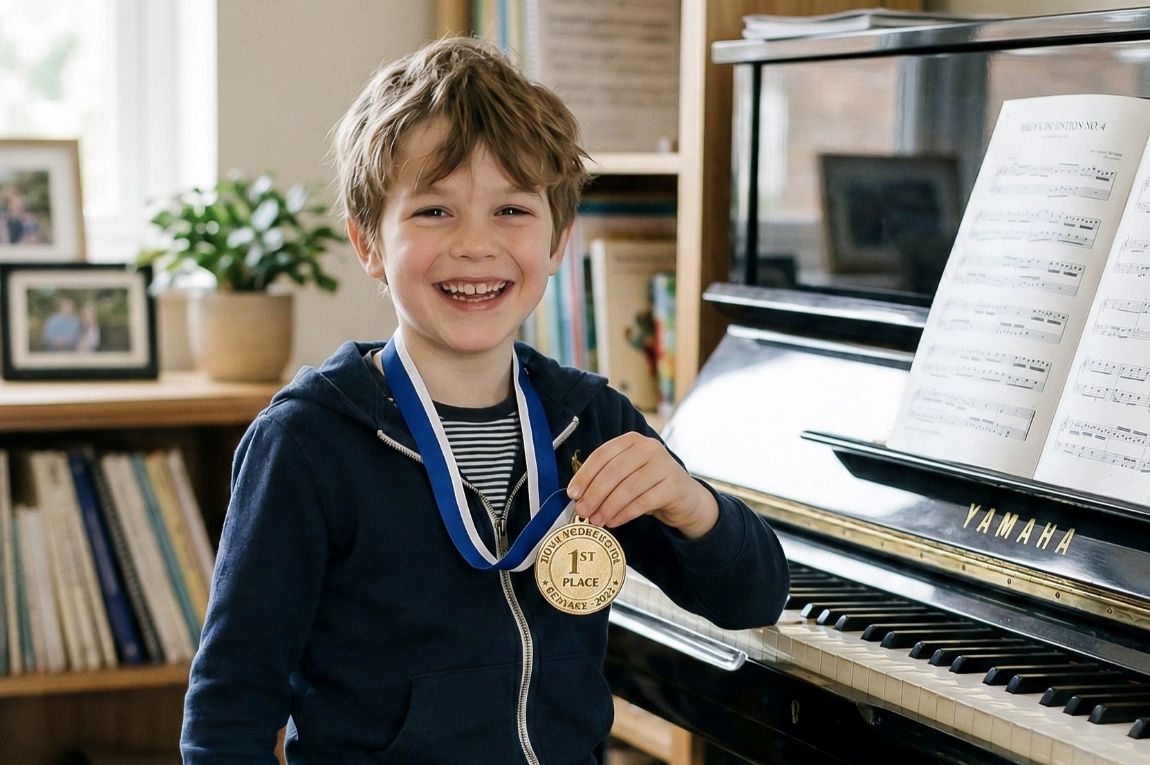 Murdock Elementary student holding a first place piano medal beside a Yamaha upright — in-home lessons in East Cobb