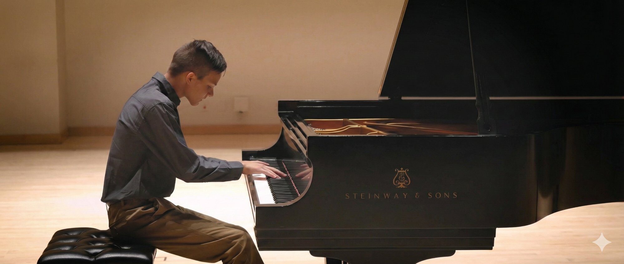 Piano student performing at recital on a Steinway concert grand